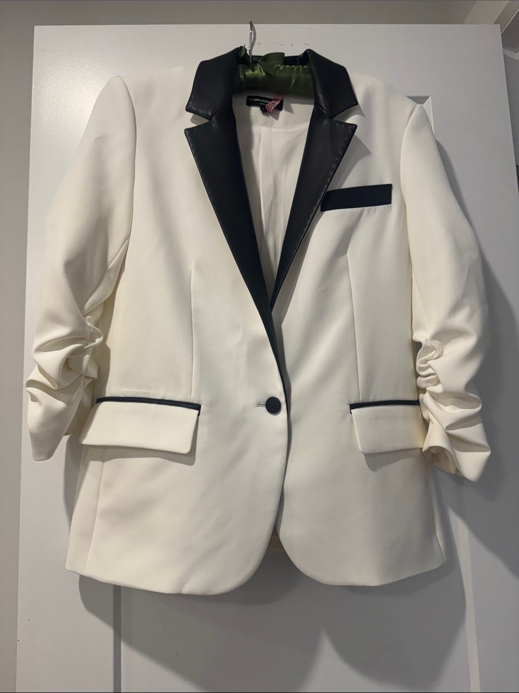 Woman’s White Blazer With Black Leather-Like Trim. Generation Love